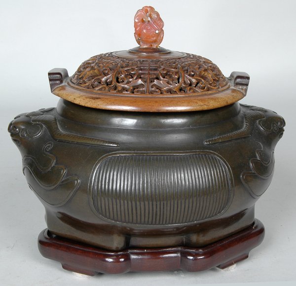 FINE EARLY CHINESE BRONZE CENSER: Exquisitely carved openwork cover with carnelian finial. Ht. 7", Dia. 9" This piece is a joy to behold.