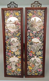 PAIR OF ANTIQUE CHINESE PORCELAIN PLAQUES: with famille noire floral backgrounds, and 3 vignettes depicting scenes from rural life. Original antique rosewood frames with silvered brass hangers. Frame size 34" x 10", hanger 2 1/2".