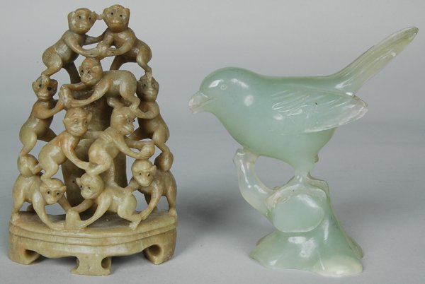 CHINESE GREEN QUARTZ BIRD & SOAPSTONE MONKEYS: bird Ht. 4 1/4", Monkeys Ht. 4 1/2"