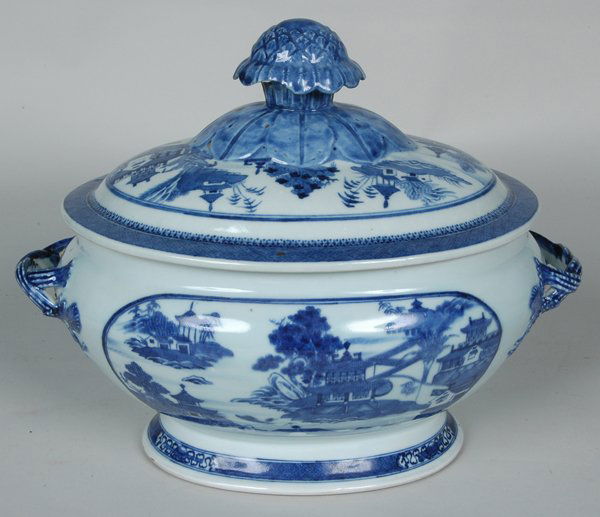 LARGE 19TH C. CHINESE BLUE NANKING SOUP TUREEN: with pomegranite finial and double interlaced open strapwork handles. H. 11" L. 13 1/2"