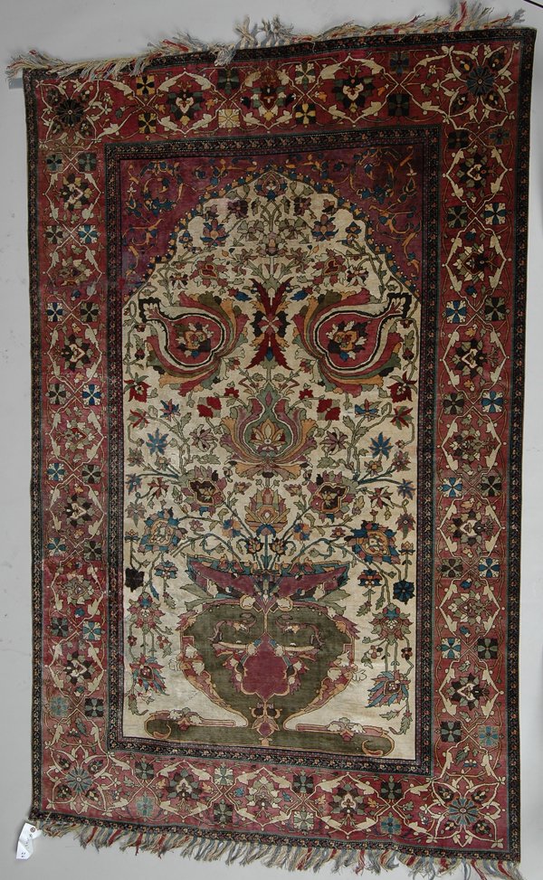ANTIQUE SILK PRAYER RUG 4' 4" X 6' 9": Provenance: The trust of a former ambassador/collector, North Shore Long Island.