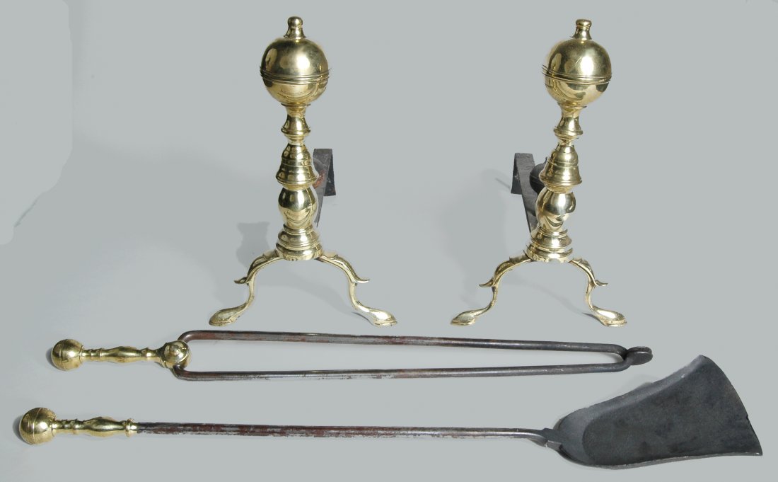 PAIR OF BOSTON BRASS ANDIRONS AND TOOLS C. 1815: first quarter of 19th century, andirons with period brass lockstops and original billet bars. Ht. 16", D. 18:" Shovel L. 30"