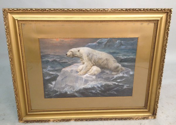 J. NETTLESHIP, WC, "POLAR BEAR MOTHER & CUB": Signed lower right, "J. Nettleship, 1900", watercolor in original gilt frame. Sight size 18 1/2" x 27", frame 34" x 43". Property of a prominent Greenville, DE resident.