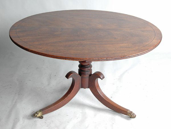 ENGLISH REGENCY MAHOGANY CENTER TABLE: circa 1815, the circular molded top with ebony inlay on pedestal form base. Dia. 45 1/2". Provenance: Estate of Maryanne Klopman, Marblehead, Massachusetts.