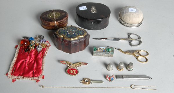ASSORTED 14K GOLD & STERLING JEWELRY: including 14K key compass, 800 silver enamel lipstick case, sterling silver pin cushion, assorted hatpins, thimbles, German scissors, small cloisonne covered box, small tortoiseshell box (as is). Prop