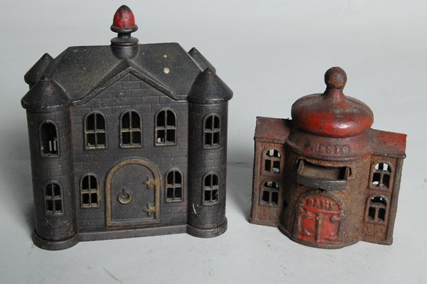 PRESTO BANK & TURRET BUILDING BANK: marked on base 86. Original paint decoration Ht.5 1/2", Presto Bank Ht. 4 1/2". Provenance: The Auerbach Estate Syosset, NY.