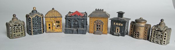 8 ANTIQUE CAST IRON STILL BANKS: with original paint decoration. Provenance: The Auerbach Estate Syosset, NY.