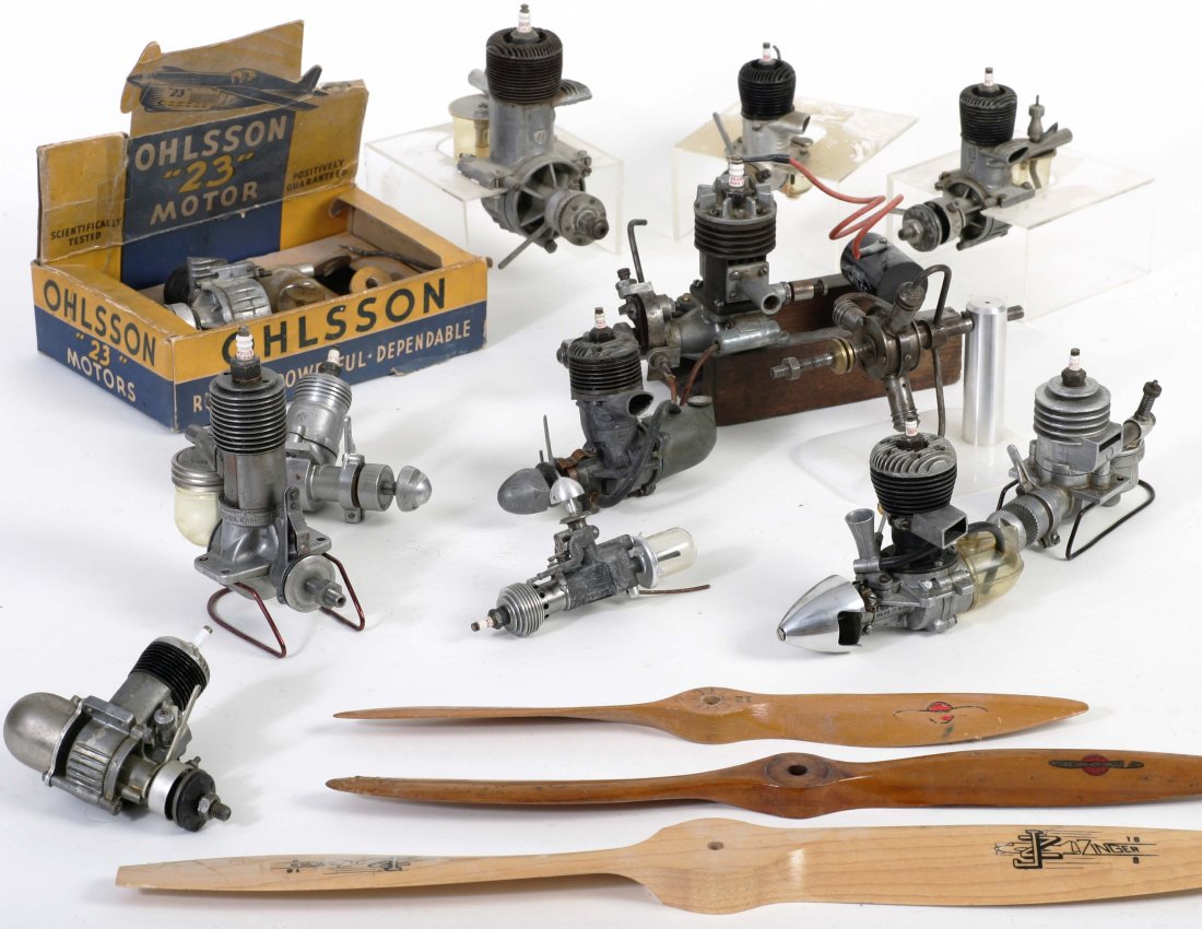 14 VINTAGE MODEL AIRCRAFT MOTORS: Includes an Unused in the Box with Manual and Accessories Super Cyclone Class C Engine and others by Ohlsson 23, GHQ, Bantam, atom, Brown, Rogers, Phantom