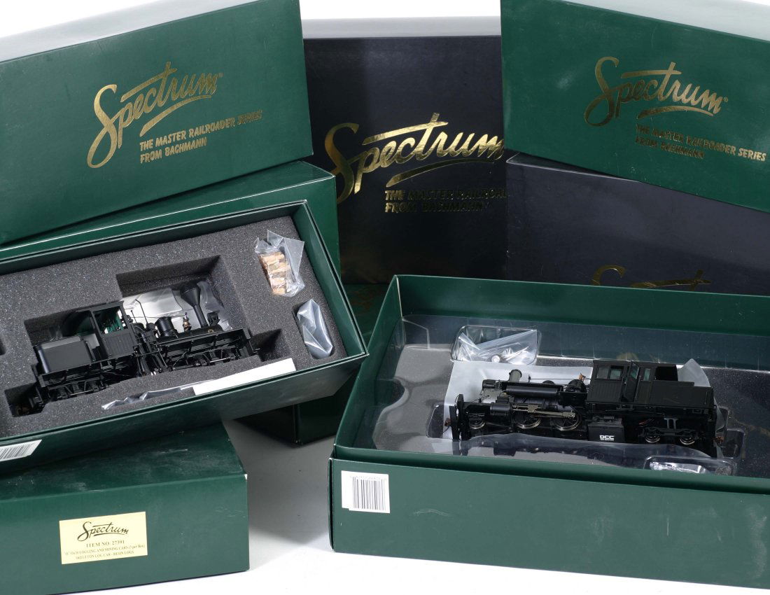 LOT OF UNUSED BACHMAN SPECTRUM TRAINS: Master Railroader Series trains: 25479 ON30 2-4-4 Forney, 25599 ON30 0-4-2 Porter Steam Locomotive, 25699 ON30 Two Truck Shay Locomotive, 25799 ON30 Class B Locomotive, 27299 ON30 Gondola, 27391 ON30