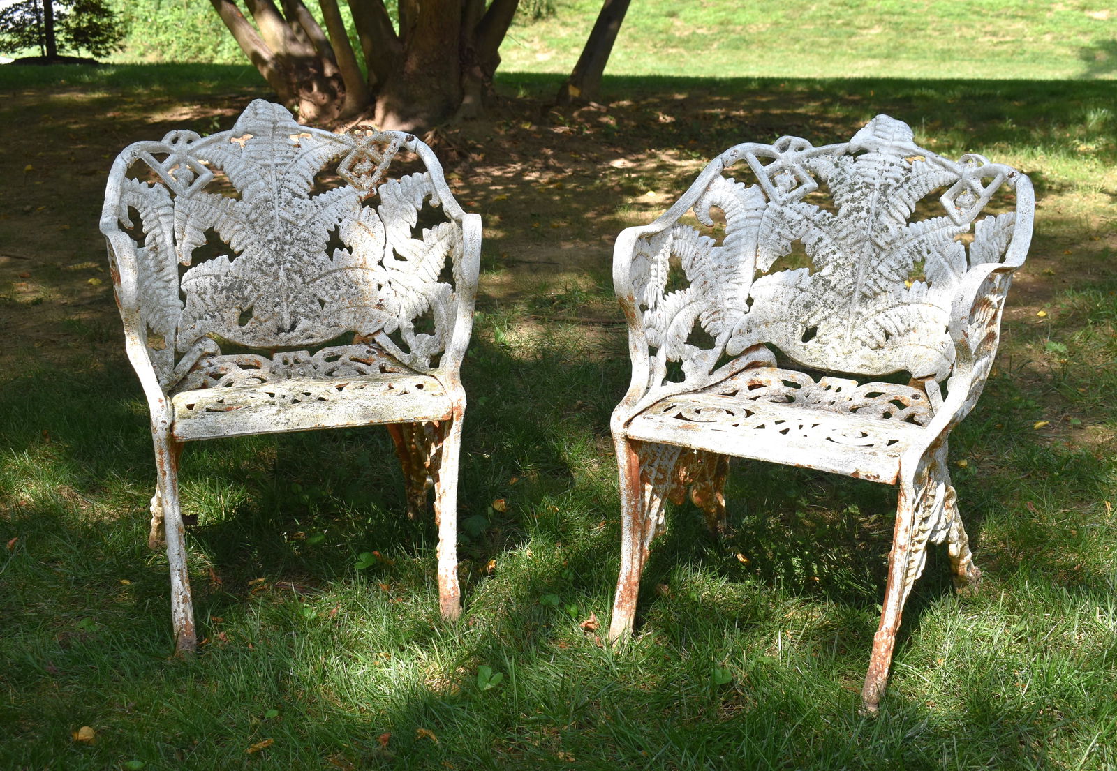 PR OF 19TH CENTURY FERN PATTERN CAST IRON ARMCHAIRS (1 of 2)