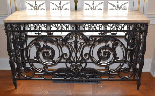 WROUGHT IRON MARBLE TOP CONSOLE TABLE: The rectangular Italian marble top above an elaborate wrought iron acanthus and scroll form frieze and sides. Height 34 1/2" Width 60" Depth 18"