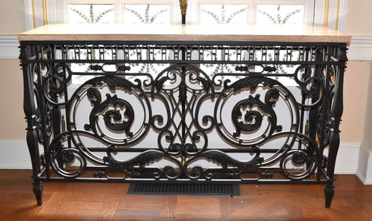 WROUGHT IRON MARBLE TOP CONSOLE TABLE: The rectangular Italian marble top above an elaborate wrought iron acanthus and scroll form frieze and sides. Height 34 1/2" Width 60" Depth 18"