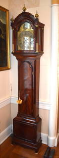 18TH CENTURY LONDON CHIPPENDALE TALL CASE CLOCK: BY EDWARD SMITH Having a finely figured mahogany case, the hood with molded arched pediment topped with brass ball finials above a glazed door flanked by turned columns fitted with brass stop