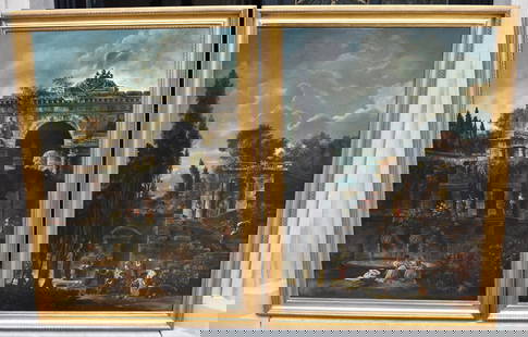 RARE PAIR OF 18TH CENTURY ITALIAN CLASSICAL PAINTINGS: Capriccio with Roman ruins and figures, oil on canvas, sight size 37 1/2" x 26", modern gilt molded frame 42" x 31 1/4"