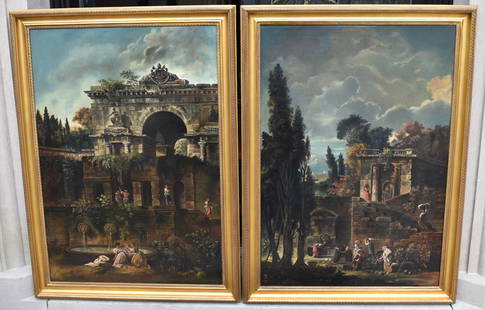 RARE PAIR OF 18TH CENTURY ITALIAN CLASSICAL PAINTINGS: Capriccio with Roman ruins and figures, oil on canvas, sight size 37 1/2" x 26", modern gilt molded frame 42" x 31 1/4"