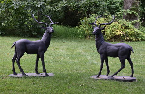 EXCEPTIONAL PR OF CAST IRON GARDEN FIGURES OF STAGS: Pair of Cast Iron Garden Figures of Stags, full racks, opposing stance, set upon raised oval bases. Height 56" Width 44" Depth 24"