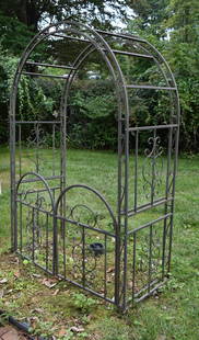 CHOICE ARCH DECORATED TUBULAR STEEL GARDEN TRELLIS: Choice Arch Decorated Tubular Steel Garden Trellis with ornate scroll work design. Height 78" Width 53" Depth 23"