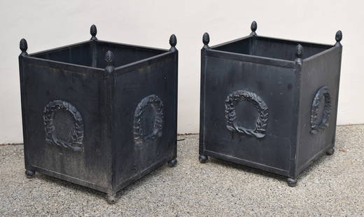 LARGE PAIR OF LEAD FINISH METAL GARDEN PLANTERS: Pair of Neoclassical style lead finished metal planters having asparagus finials on square body each side mounted with a laurel wreath on ball feet. Height 27 1/2" x 21"