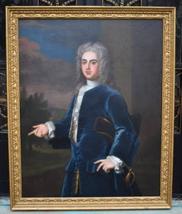 18TH CENTURY ENGLISH PORTRAIT OF A GENTLEMAN: The gentleman in blue jacket standing in a English landscape with tree, holding tricorn hat and wearing a silver gilt sword. Retains old label on reverse. Sight size 49" x 39" Frame 56" x 45 1/2"