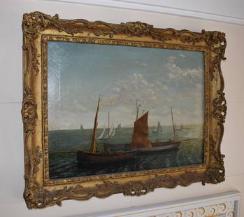 19TH CENTURY ENGLISH OIL PAINTING OF BOATS AT SEA: with figures in ornate gilt frame, Windsor & Newton London canvas makers stamp on reverse. Sight 17 1/4" x 23 1/4" Frame 23 1/4" x 30"