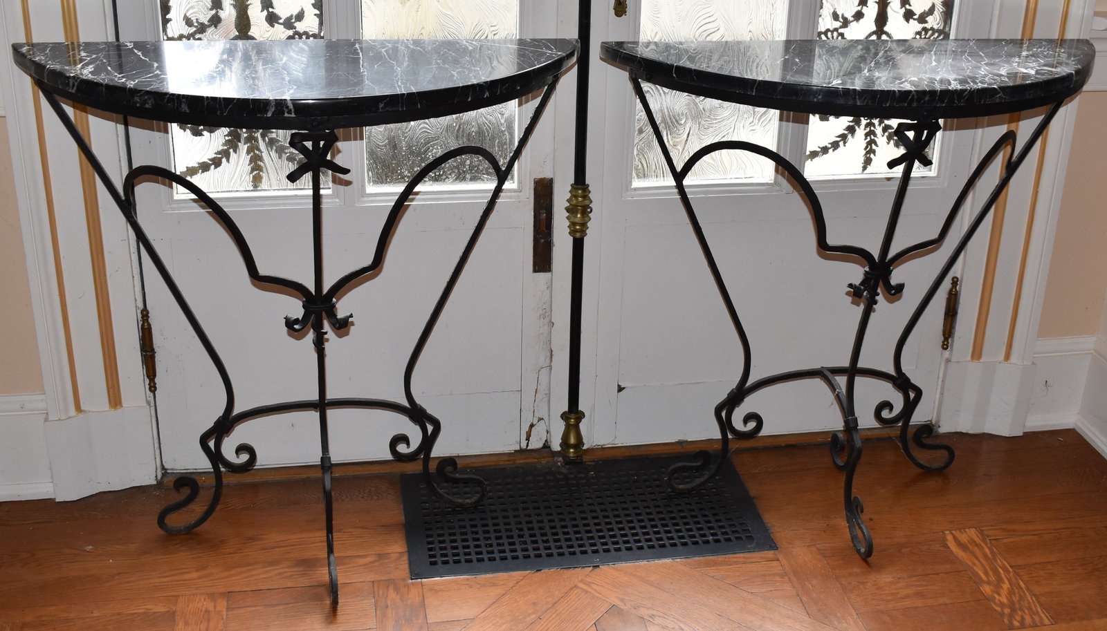 PAIR OF WROUGHT IRON DEMILUNE MARBLE TOP TABLES (1 of 3)