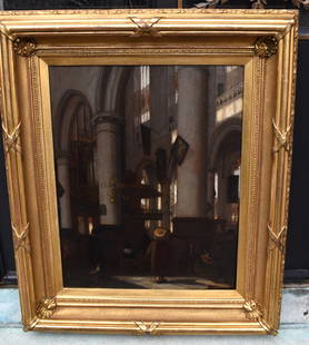 DUTCH SCHOOL, INTERIOR OF OUDE KERK DELFT: ATTRIBUTED TO EMANUEL DE WITTE, CIRCA 1650. With early collection label on reverse. Panel size 16" x 12 1/2" Frame 22 1/2" x 19 1/4"2