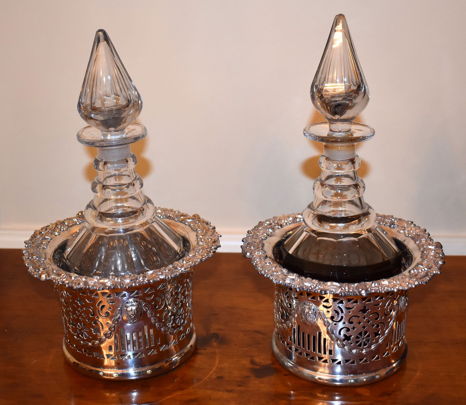 FINE PAIR OF ENGLISH PANEL CUT DECANTERS & COASTERS (1 of 4)