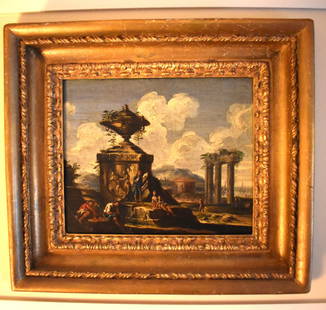 18TH CENTURY ITALIAN SCHOOL CAPRICCIO LANDSCAPE: This capriccio or fantasy landscape of improbable groupings of figures and ruins in arcadian landscapes were popular with wealthy travelers in the 18th century. In a period gilt carved frame the rever