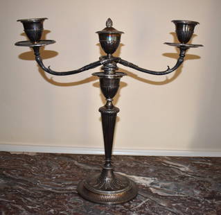 LARGE JOHN SCHOFIELD STERLING CANDELABRA, LONDON: 1791/1792. This monumental sterling silver two light candelabra by the celebrated silversmith John Schofield, whose "candlesticks are the finest of the period" 74 troy ounces. Height 19" 