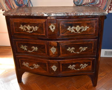 RARE 18TH CENTURY LOUIS XV KINGWOOD COMMODE: This exceptional Louis XV Kingwood commode with original shaped Breche marble top with two short drawers over two long drawers. Fine quality gilt bronze mounts. Stamped on the upperside of rear stile