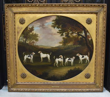 JOHN N. SARTORIUS (1759-1828) ENGLISH FOXHOUNDS 1786: An exceptional oil on canvas painting by the noted English equestrian artist John Nost Sartorius. The oil on canvas of oval format depicting five English Foxhounds set in a bucolic English wooded