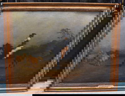 ENGLISH SCHOOL, 19TH CENTURY "BOY ON PONY": Oil on canvas, the painting tag marked Middleton. A wonderful painting depicting a young boy in top hat on black pony with sheep. 20 1/2" x 26 1/2" Frame 24" x 30" Paint is flaking along lower and lef