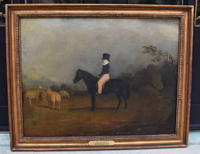 ENGLISH SCHOOL, 19TH CENTURY "BOY ON PONY": Oil on canvas, the painting tag marked Middleton. A wonderful painting depicting a young boy in top hat on black pony with sheep. 20 1/2" x 26 1/2" Frame 24" x 30" Paint is flaking along lower and lef