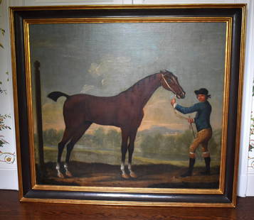 18TH CENTURY ENGLISH PAINTING OF GROOMSMAN & HORSE: Oil on canvas, The horse and groomsman with blue jacket set in foreground with bucolic English landscape in background. Finely carved gilt molded frame with fully carved signature of Ben Badura of