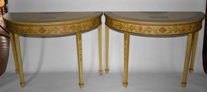 PAIR OF ADAM'S STYLE DEMILUME CONSOLE TABLES: The tables with wonderful polychrome handpainted Classical decoration branded "The Company of Master Craftsman" Height 33" Width 47 1/2" Depth 21"