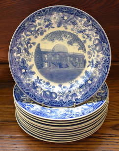 12 WEDGEWOOD VASSAR COLLEGE DINNER PLATES: Of blue and white design with transfer printed scenes depicting the colleges building. Diameter 10"