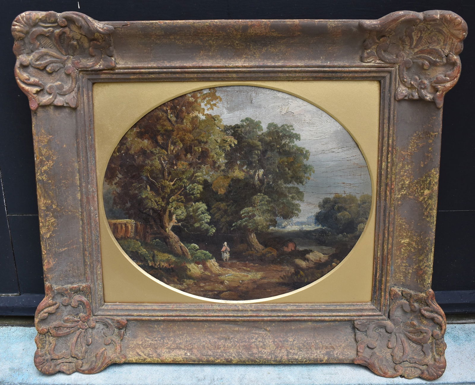 ENGLISH OR CONTINENTAL SCHOOL,: Figure in a landscape oval format in antique rectangular frame. Frame size 16 3/4" x 14 1/4"