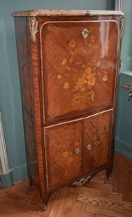 ANTIQUE FRENCH NAPOLEON III SECRETAIRE ABBATANTE: Having a molded Sienna marble top above a Kingwood floral marquetry inlaid hinged front with green and gilt tooled leather writing surface with six interior serpentine front drawers. The lower case wi
