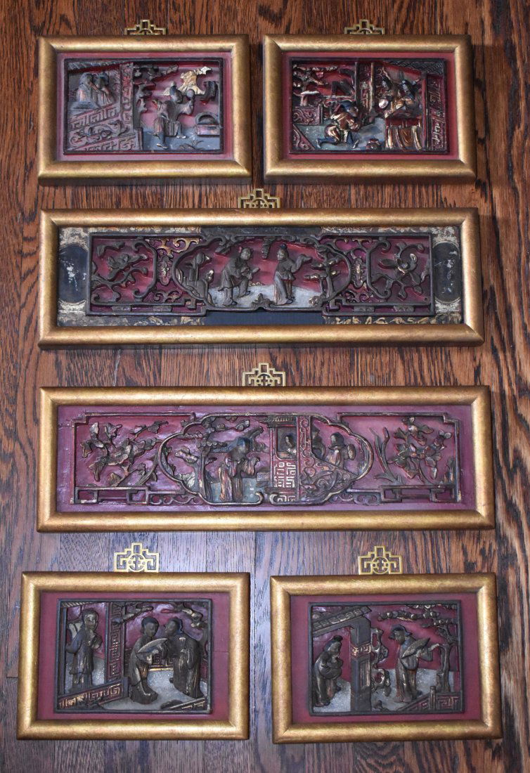 SIX ANTIQUE CHINESE RED LACQUER GILT CARVED PANELS (1 of 4)