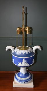 LARGE WEDGEWOOD HOT WATER URN TABLE LAMP: Basaltware in deep blue color with Classical scenic surround. Height 28" Urn Height 13 1/2" Overall width at handles 13" Please note old professional restorations.