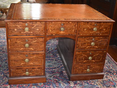 FINE 18TH CENTURY ENGLISH ADAM'S PARTNER'S DESK: The partner's desk is made of a highly figured mahogany with satinwood and other tropical hardwood inlaid acanthus and floral motifs. The desk is fitted with a brown tooled leather top above two banks