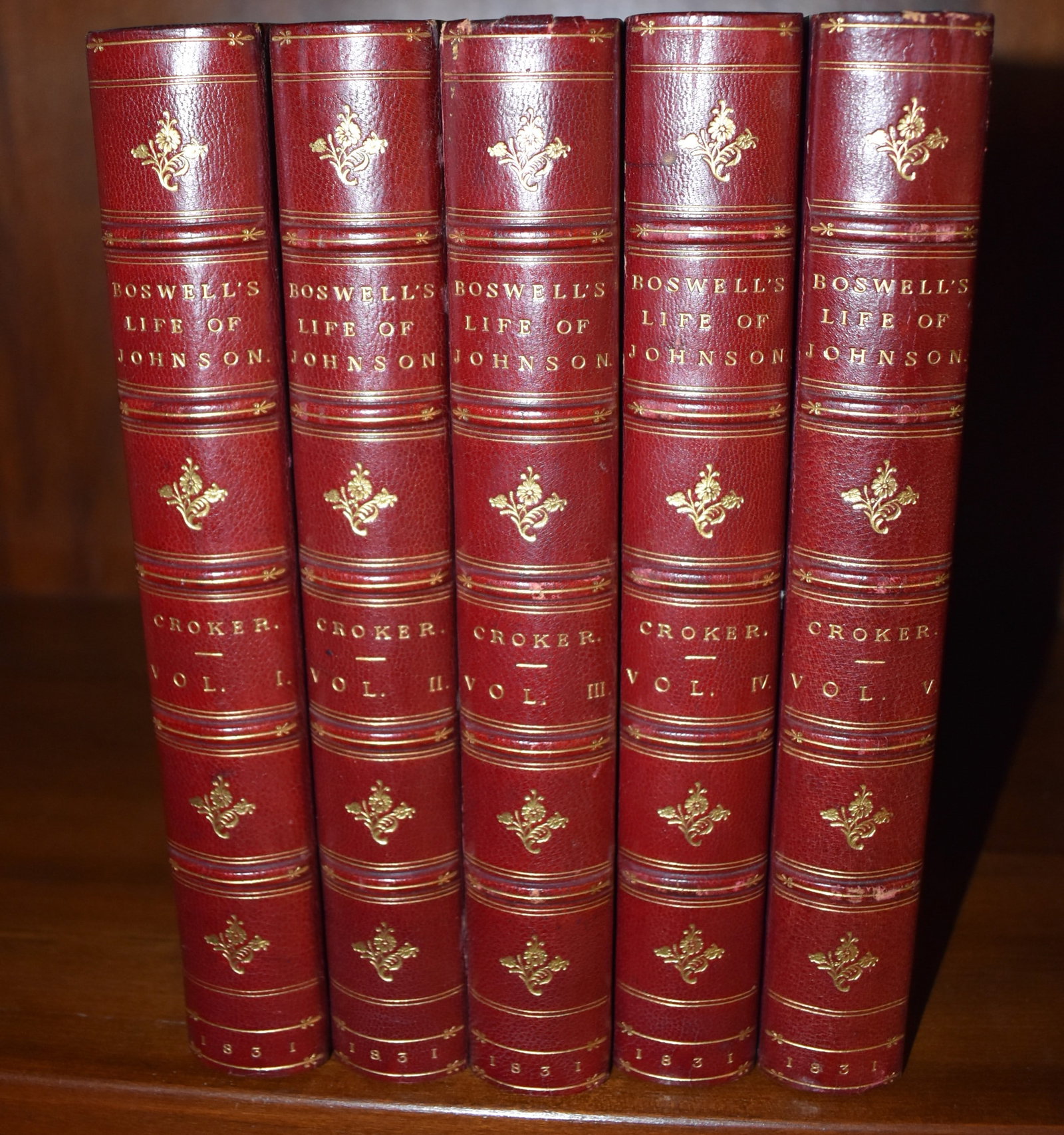 FINE BINDINGS: "BOSWELL'S LIFE OF JOHNSON" 5 VOLUMES: Red calfskin half leather binding with tooled gilt lettering over marbled boards, "The Life of Samuel Johnson, LL. D. Including a Journal Of A Tour To The Hebrides" London: John Murray, 1831