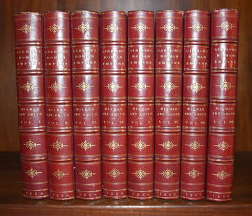 FINE BINDINGS: "GIBBONS ROMAN EMPIRE" 8 VOLUMES: Red calfskin half leather binding with tooled gilt lettering over marbled boards, "The History Of The Decline And Fall Of The Roman Empire" Edward Gibbon London: John Murray 1854