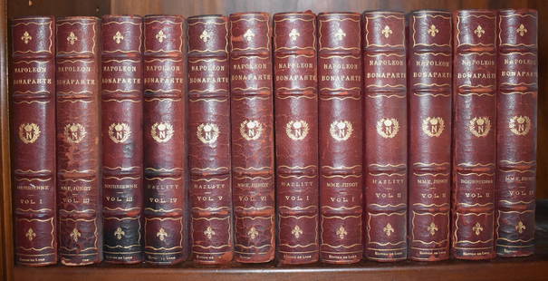 FINE BINDINGS: "NAPOLEON BONAPARTE" 15 VOLUMES: Red calfskin half leather binding with tooled gilt lettering over marbled boards, "Memoirs of Napoleon" by Louis Antoine Fauvelet De Bourrienne, Grolier Society London