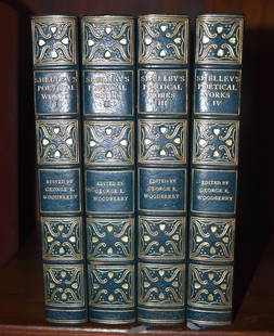 FINE BINDINGS: "SHELLY'S POETICAL WORKS" 4 VOLUMES: blue moroccan half leather binding with tooled gilt lettering over marbled boards, "The Complete Poetical Works of Percy Bysshe Shelley" Boston & New York Houghton Mifflin And Company, The Riverside P