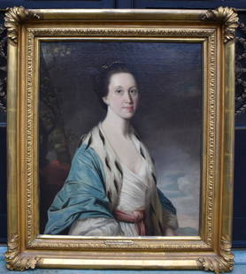 EARLY 19TH C. AMERICAN SCHOOL PORTRAIT OF A LADY: Oil on canvas, The portrait identified by frame tag as Anne Hutchinson Heberton most likely of Philadelphia in exceptional period gilt carved frame. Ann Hutchinson was born 1789 and died 1848, daughte