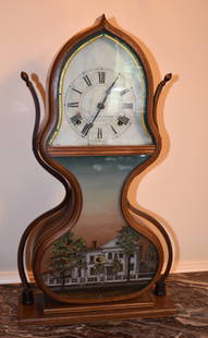 J. C. BROWN ACORN SHELF CLOCK FOR FORESTVILLE BRISTOL: J. C. Brown acorn shelf clock, for Forestville, Bristol, CT circa 1830. Rosewood case, arms are warped. Original signed and painted metal dial. Original upper reverse painted glass. Replaced bottom gl