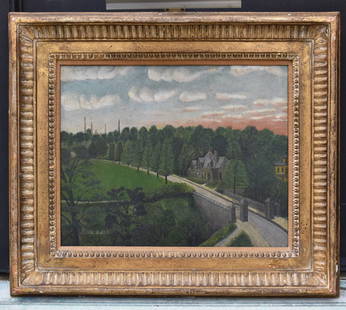 JOHN KANE, (1860-1934)"AN ESTATE IN PITTSBURGH": Oil on canvas laid to masonite. John Kane was the first self-taught artist to be recognized by a museum when on his third attempt, his work was admitted to the 1927 Carnegie International Exhibition.