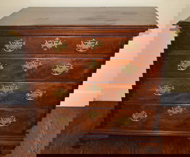 18TH CENTURY PENNSYLVANIA CHIPPENDALE WALNUT CHEST: A rare diminutive Pennsylvania Chippendale walnut chest with thumbmolded overhanging rectangular top with cut corners having four highly figured graduated dovetailed drawers flanked by quarter columns