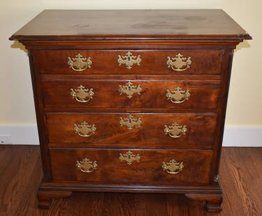 18TH CENTURY PENNSYLVANIA CHIPPENDALE WALNUT CHEST: A rare diminutive Pennsylvania Chippendale walnut chest with thumbmolded overhanging rectangular top with cut corners having four highly figured graduated dovetailed drawers flanked by quarter columns